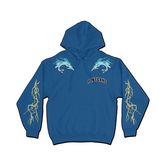 PokeGang Unisex Blue Long Sleeve Kangaroo Pocket Graphic Thunder Hoodie - Picture 1 of 6
